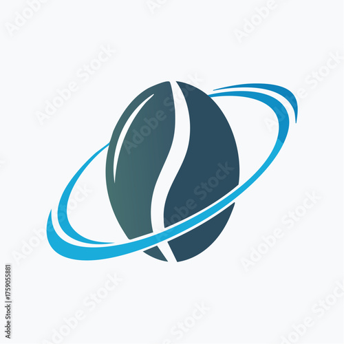 Abstract design featuring a stylized coffee bean with orbital elements in blue gradients