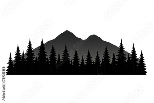 Forest and mountain landscape silhouette with pine trees, outdoor nature scenery, transparent background