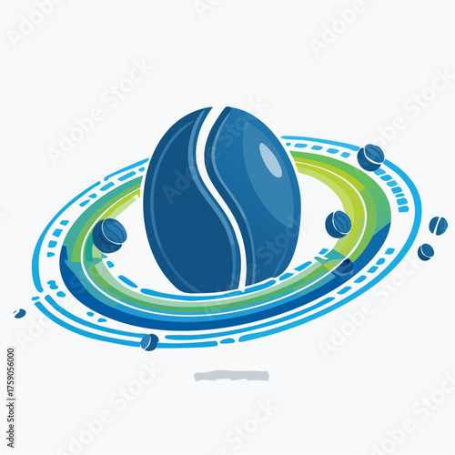 Abstract illustration of a stylized orbital structure featuring a central blue element