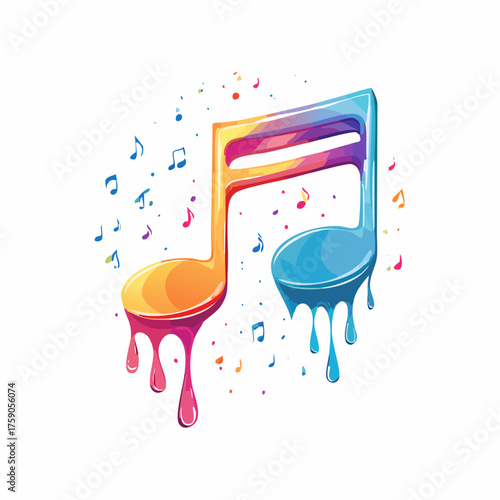Abstract musical note illustration with vibrant colors and dripping paint effect on a white backdrop