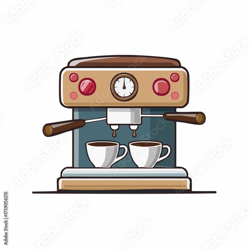 Artistic depiction of an espresso machine brewing two cups of fresh coffee with vintage design