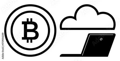 Bitcoin logo alongside laptop and cloud illustrates digital currency, online storage, decentralized network, innovation. Ideal for finance, technology, blockchain, security, cloud computing modern