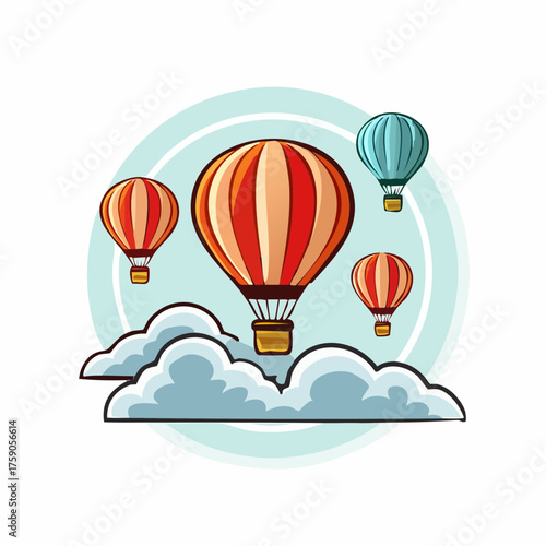 Colorful Hot Air Balloons Soaring Above Cloudscape in a Playful Cartoon Illustration