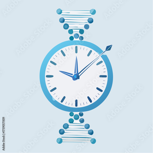 Conceptual illustration depicting the intersection of biology, time, and genetic information with a clock
