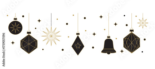 Elegant black and gold Christmas hanging ornaments with stars and bells, luxury festive decoration in modern minimal geometric vector style