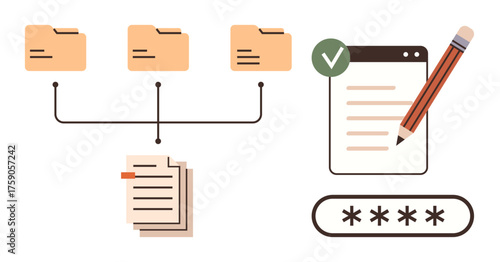 File folders interconnected to documents linked to authentication with a password. Ideal for data management, workflow, authentication, security, productivity, compliance, simple flat metaphor