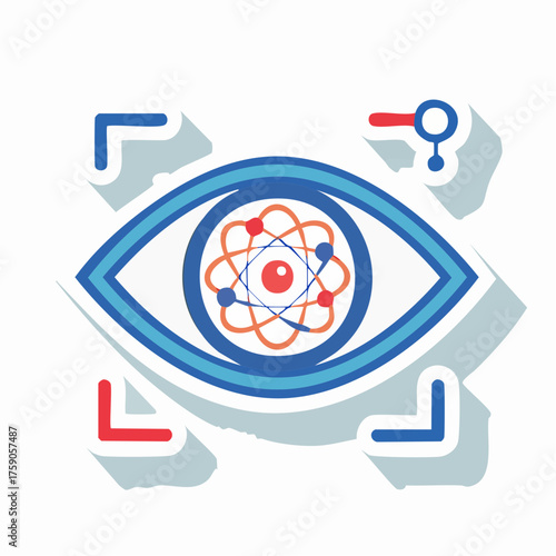 Conceptual representation of scientific vision, examining atomic structure in a stylized eye