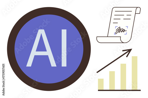 Circular AI symbol, chart with upward arrow, and signed document illustrating AI tools, data analysis, productivity, innovation, automation, growth and digital transformation. Simple flat metaphor