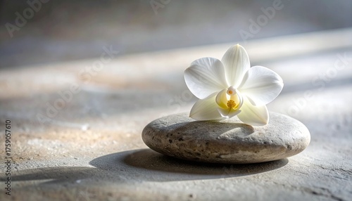 Serene white orchid delicately rests upon a smooth gray stone, bathed in soft, dappled sunlight, evoking tranquility and natural beauty for peaceful moments.