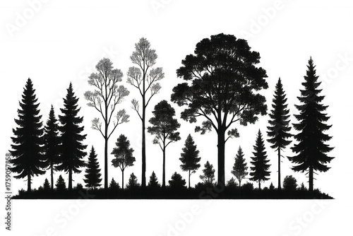 Diverse trees creating a detailed forest silhouette, featuring mixed coniferous and deciduous species for landscape design