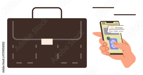 Hand holding smartphone displaying security code app next to leather briefcase. Ideal for digital security, authentication, office work, technology, business, data access, simple flat metaphor