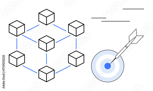 Abstract network of cubes connected by lines and dart hitting center of target. Ideal for blockchain, precision, success, technology, data accuracy, collaboration, efficiency. Simple flat metaphor