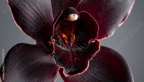 Deep crimson orchid bloom reveals intricate velvety petals and delicate stamens in a stunning close up macro capture, perfect for elegant botanical art and luxury branding.