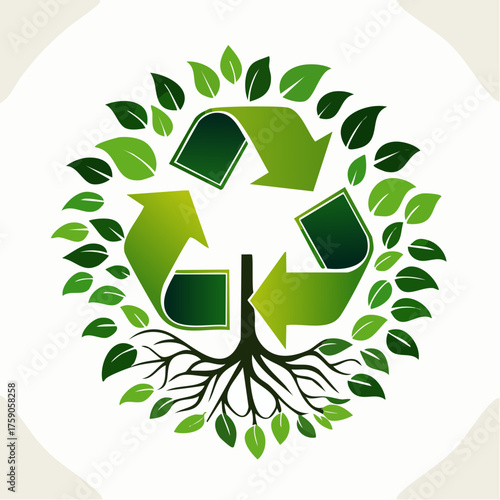 Ecological Harmony: A Circular Symbol of Sustainability with Leaves and Roots for Reuse