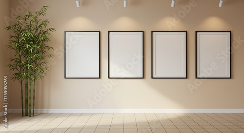 Four blank picture frames on a beige wall with bamboo plant empty frame blank canvas