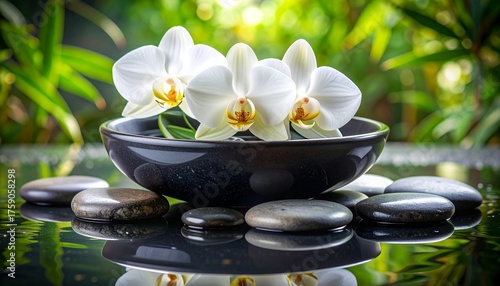 Serene white orchids float in a dark bowl surrounded by smooth stones, creating a tranquil spa atmosphere perfect for relaxation and wellness.