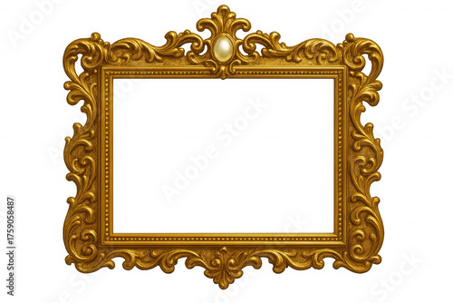 Ornate gold antique picture frame, displaying baroque and rococo decorative vintage design, transparent background