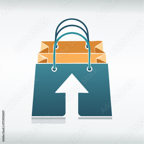 Graphic illustration of shopping bags with upward arrow, signifying purchasing and commerce