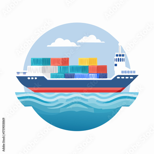 Illustration depicting a cargo ship laden with containers sailing on the ocean with clouds