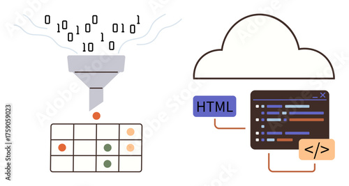 Binary data flowing through a funnel into a table, connected to cloud storage, code snippets, and HTML tags. Ideal for data analysis, coding, cloud technology, programming, web development machine