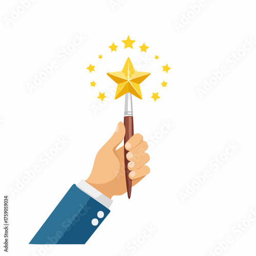 Illustration depicting a hand holding a brush with a golden star and surrounding stars
