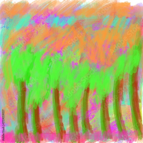 Colorful abstract painting of a forest with green trees and vibrant background tones of orange, pink, and blue, expressing creativity and imagination in a modern art style.