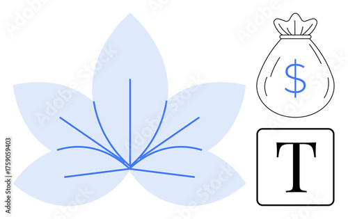 Blue lotus flower with linear details, a dollar-stamped bag symbolizing finance, and a bold text T. Ideal for finance, growth, prosperity, minimalism, education branding calm. Simple flat metaphor
