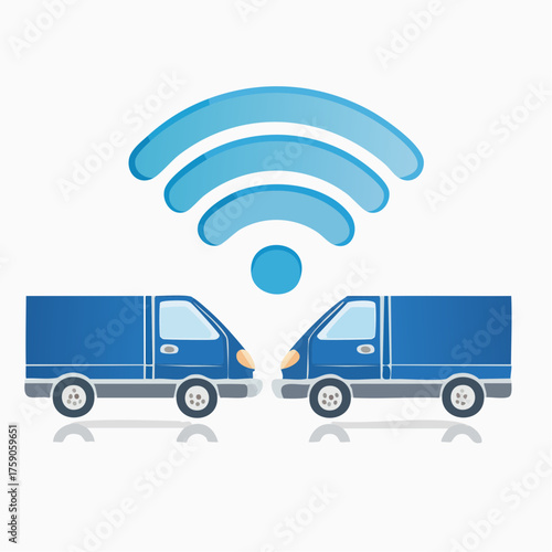 Illustration depicting wireless connection between two delivery vans against a white backdrop