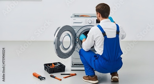 Professional Appliance Technician Repairing Washing Machine Drum in a Clean Modern Home Environment