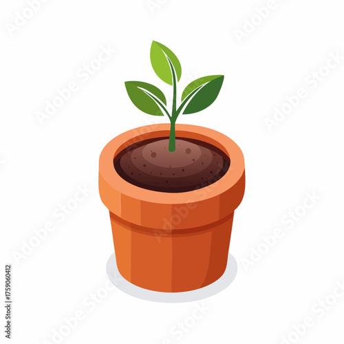 Illustration of a small plant growing in an earthenware pot against a plain white background