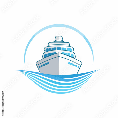 Minimalist cruise ship illustration with stylized ocean waves and a vibrant blue arc emblem