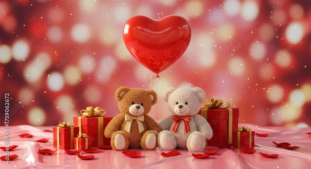 Obraz premium Romantic Teddy Bears with Heart Balloon and Gifts