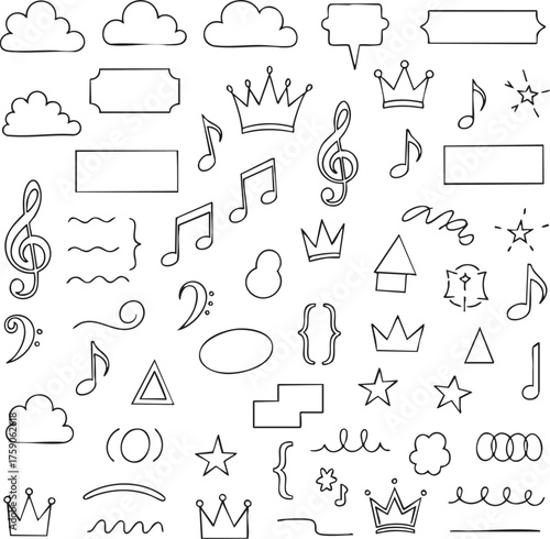 Hand drawn doodle elements set with musical notes and crowns.