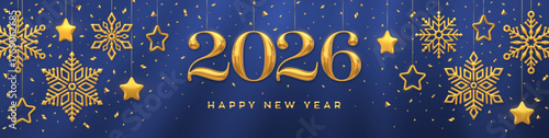 Happy New Year 2026. Hanging Golden metallic numbers 2026 with shining gold snowflakes, stars, and confetti on blue background. Wide New Year holiday banner and header template. Vector illustration.