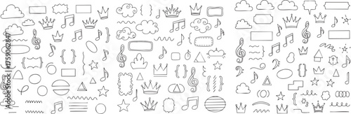 Handdrawn Doodle Elements Set Speech Bubbles Crowns Music Notes and Geometric Shapes.