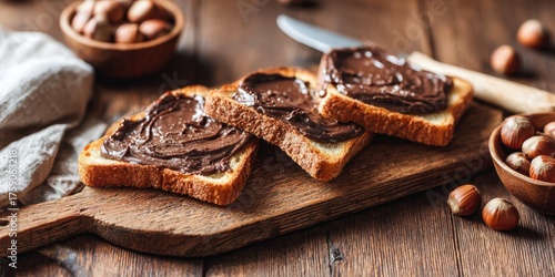 Sliced Bread with Chocolate Spread and Hazelnuts on Wooden Board