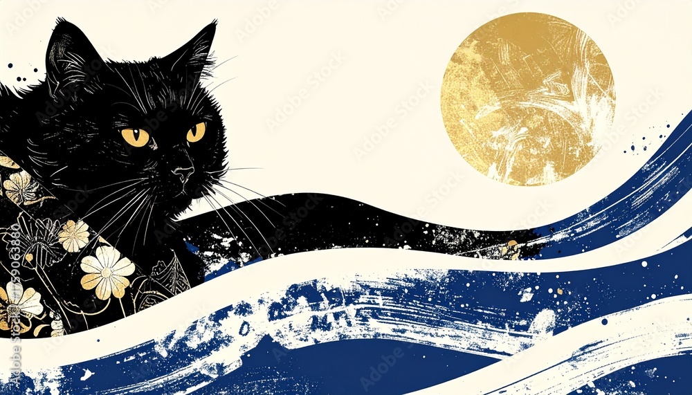 custom made wallpaper toronto digitalElegant Black Cat with Moon and Wave Elements in Japanese Style