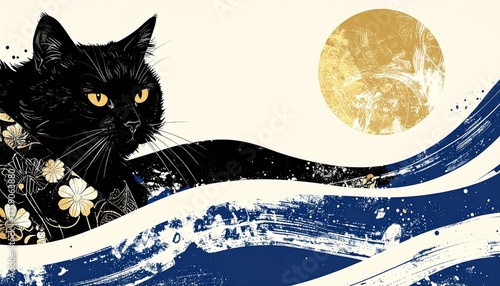 Wallpaper Mural Elegant Black Cat with Moon and Wave Elements in Japanese Style Torontodigital.ca
