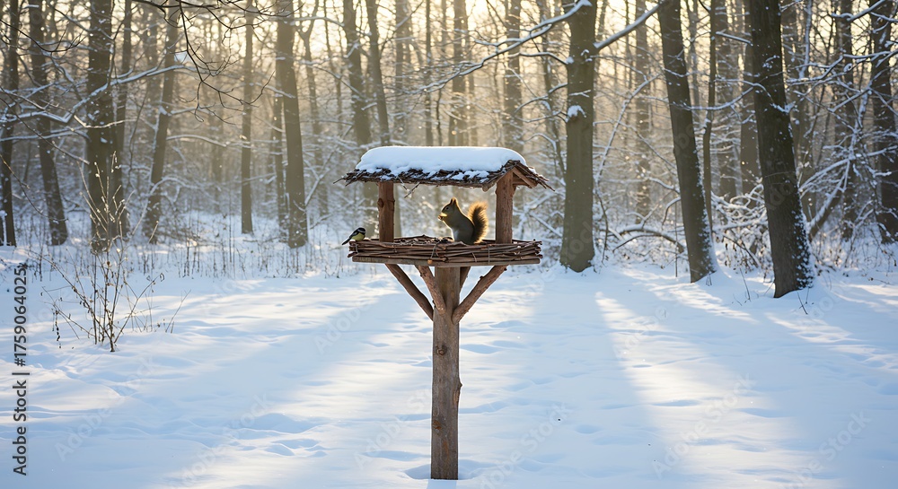 Naklejka premium Squirrel and bird at winter birdhouse in snowy forest scene