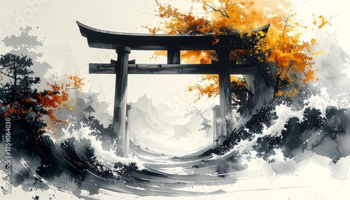 Wallpaper Mural Traditional Torii Gate in Dynamic Japanese Ink and Wash Painting Torontodigital.ca