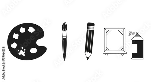 A versatile collection of flat black silhouette vector icons representing essential art and creative tools, such as a paint palette, brush, pencil, canvas, and spray can for design projects