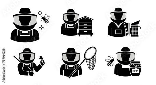 Minimalist black and white vector icon set showcasing beekeepers with bees, beehives, honey jars, smokers, and essential tools, illustrating apiculture practices and honey production