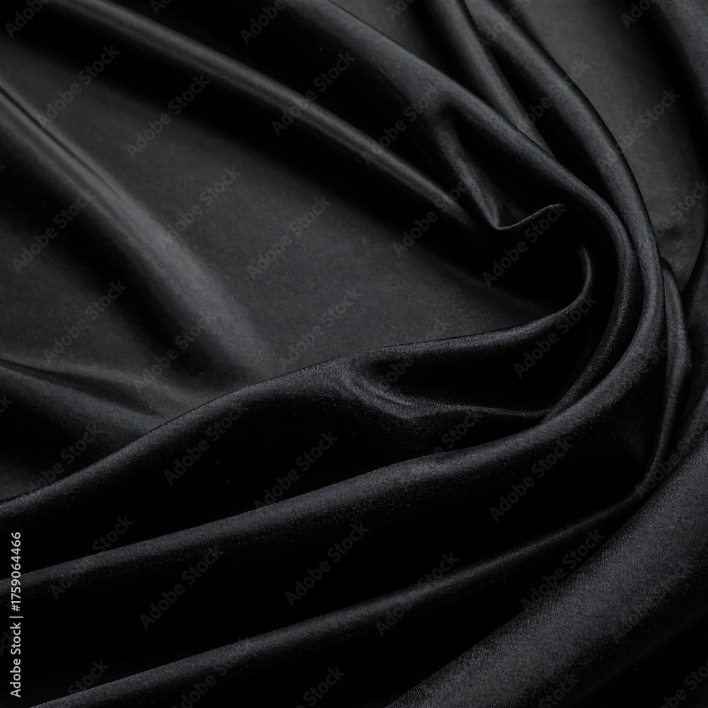 Obraz premium Close-up of luxuriously draped black satin fabric. The folds and shadows create a rich texture and depth, evoking elegance and sophistication