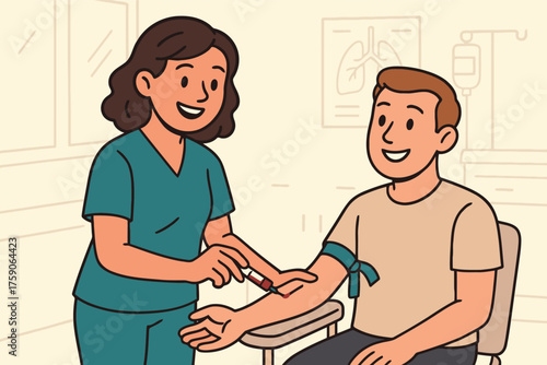 Nurse administering blood draw to smiling patient
