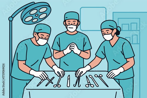 Surgical team preparing instruments for operation under bright light