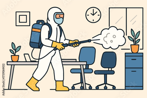 Professional office disinfection service spraying sanitizer