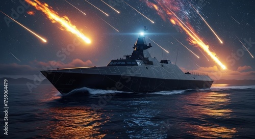 Futuristic Warship Sailing Under Meteor Shower at Night, Dramatic Scene.