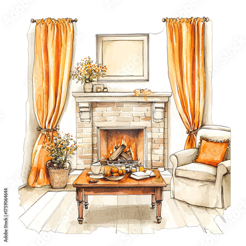 Cozy Watercolor Fireplace Scene with Orange Curtains: Rustic Living Room Clipart
