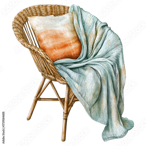 Cozy Watercolor Wicker Chair with Blue Blanket and Ombre Pillow
