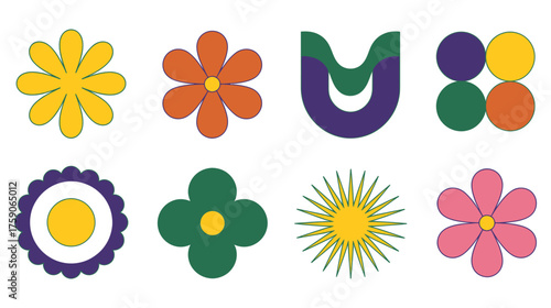 A collection of  colorful retro-inspired groovy flower and abstract geometric shape icons 
